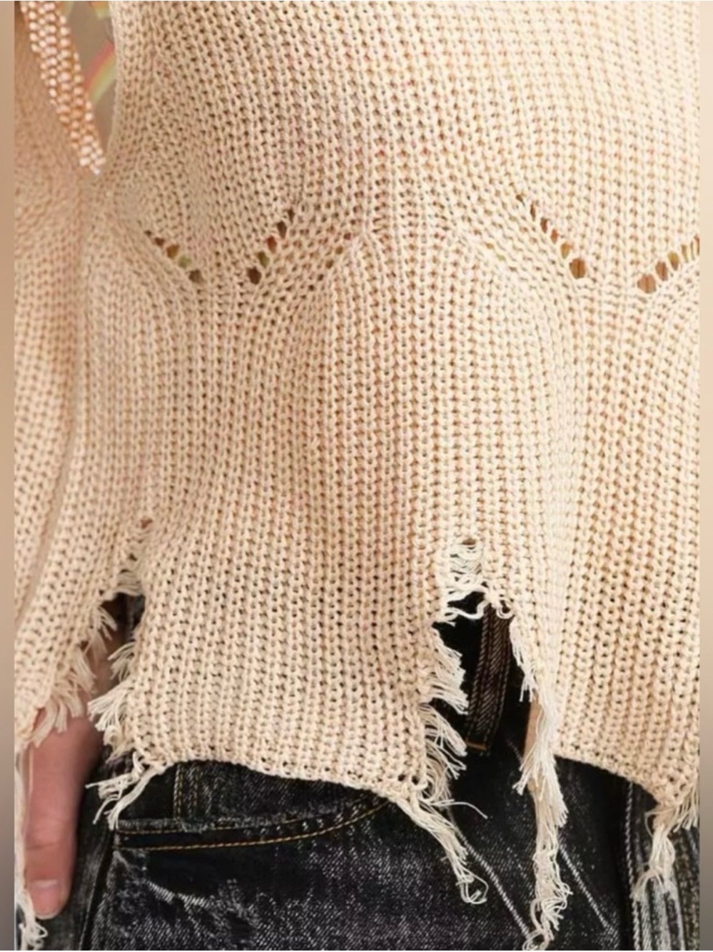 Distressed Open-Weave Crewneck Sweater in Washed Ivory - Women